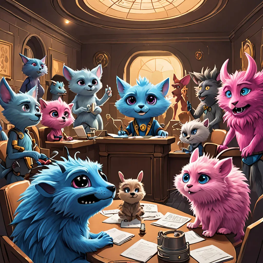 a group of cats sitting around a table in a room with a round table and chairs in front of them, furry art, concept art, Alejandro Burdisio, official art