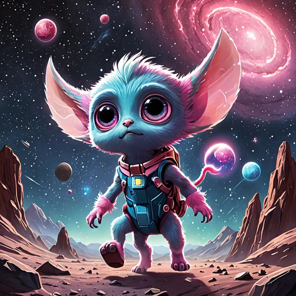 a cartoon character with a space theme is standing in the desert with planets and stars in the background, and a cat with a backpack on his back, space art, poster art, Dan Mumford, josan gonzales and dan mumford