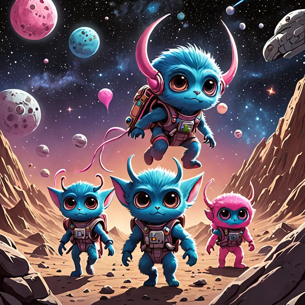 a group of little blue monsters walking across a desert covered with rocks and planets in the background, with a pink sky and stars, space art, poster art, Chris LaBrooy, josan gonzales and dan mumford