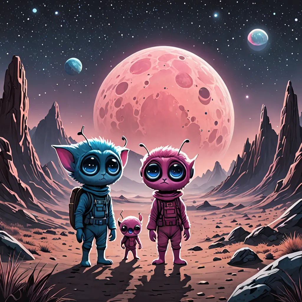 a couple of small cartoon animals standing on a desert area with a pink moon in the background and a pink moon in the sky, space art, an album cover, Dan Mumford, josan gonzales and dan mumford