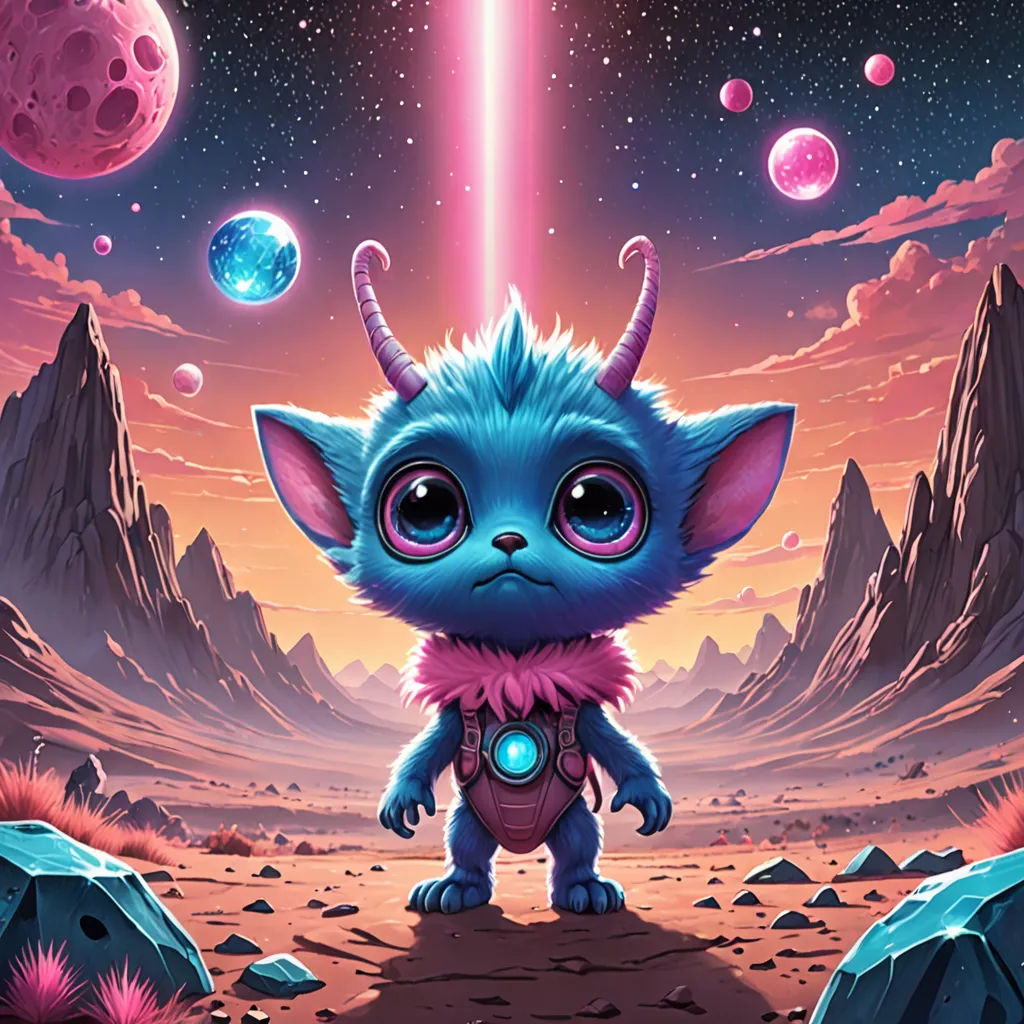 a blue alien with horns standing in a desert area with planets in the background and a pink sky with stars, pop surrealism, poster art, Chris LaBrooy, league of legends splash art
