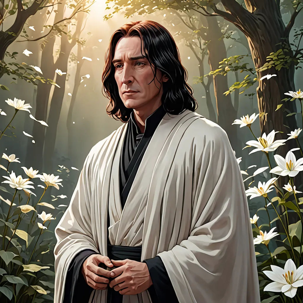 a painting of a man in a forest with flowers in his hands and a sun shining through the trees, fantasy art, a character portrait, Art of Brom, official art