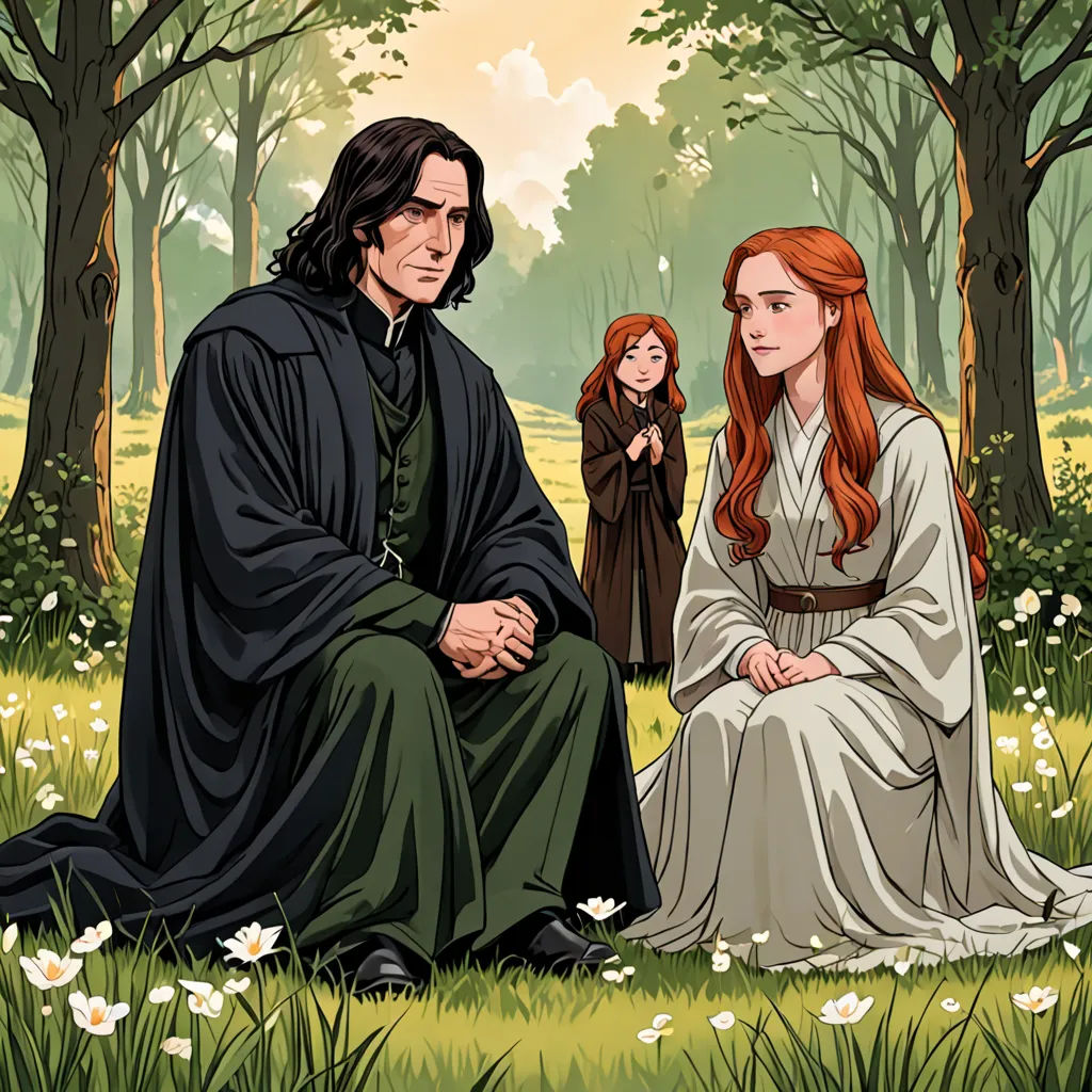 a painting of a man and woman sitting in a field of grass with trees in the background and a woman standing behind them, fantasy art, a storybook illustration, Anne Said, official art