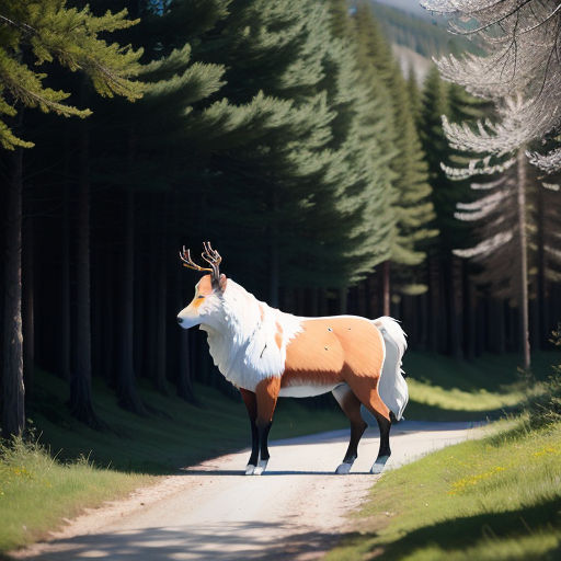 a deer is standing on a road in the woods with trees in the background and a deer in the foreground, furry art, a 3D render, Chris LaBrooy, ultra realistic digital art