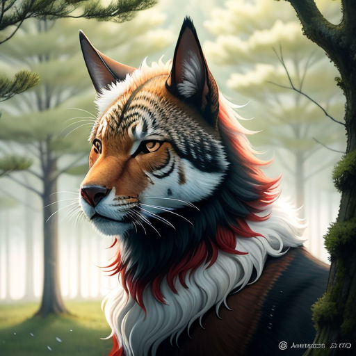 a tiger with red and white hair standing in a forest with trees and grass in the background, with a sky background, furry art, a digital painting, Aaron Jasinski, trending on art station