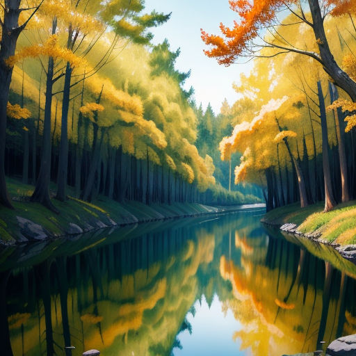 a painting of a river surrounded by trees and rocks with a bright yellow sky reflected in the water and a few yellow leaves, american scene painting, a hyperrealistic painting, Evgeny Lushpin, realistic painting