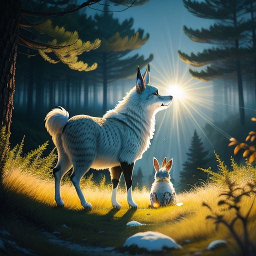 a painting of a dog and a rabbit in a forest at night with the sun shining through the trees, furry art, a storybook illustration, Chris LaBrooy, rossdraws global illumination