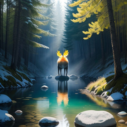 a moose standing on a rock in a forest next to a river with snow on the ground and trees, magic realism, an airbrush painting, Chris LaBrooy, volumetric light