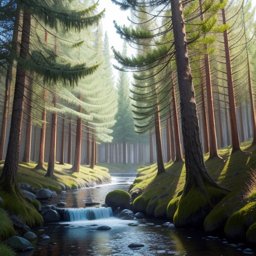 a stream running through a forest filled with trees and grass covered ground with a stream running between the trees, photorealism, a 3D render, Chris LaBrooy, forest