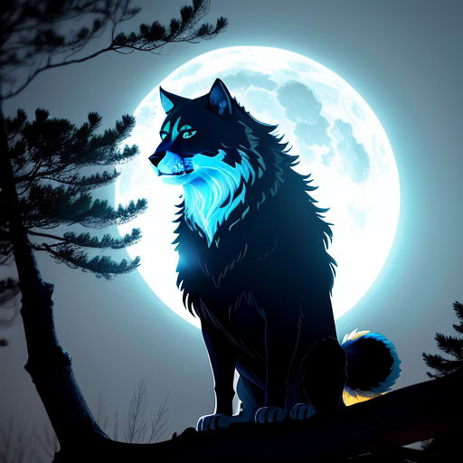 a wolf sitting on a tree branch in front of a full moon with a full moon behind it and a tree branch in the foreground, furry art, a character portrait, Cyril Rolando, full moon