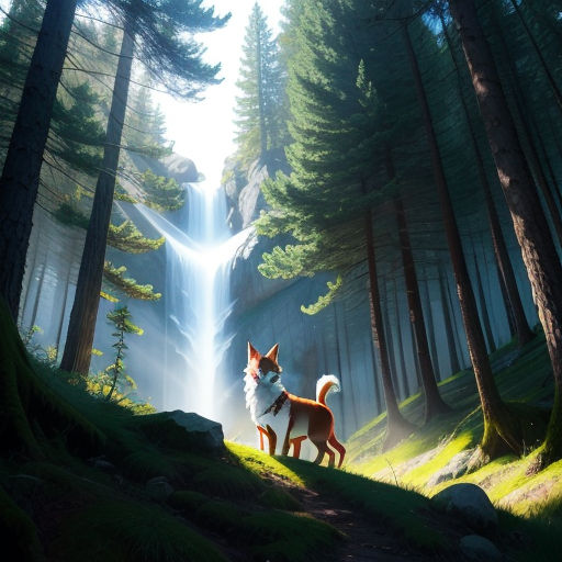 a dog standing in the middle of a forest with a waterfall in the background and a waterfall in the background, furry art, concept art, Chris LaBrooy, official art