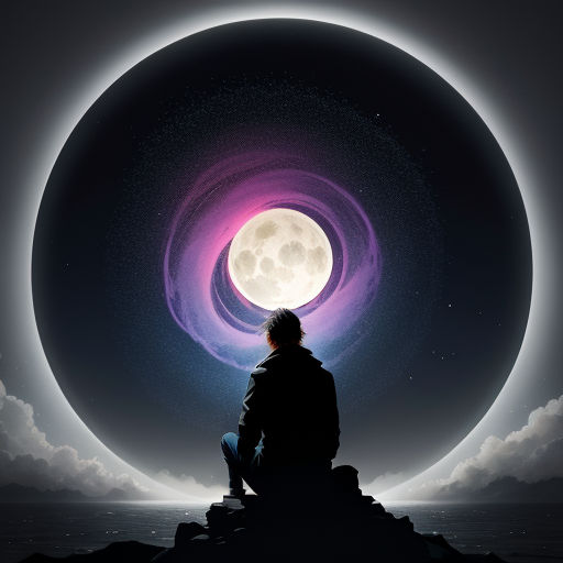 a man sitting on a rock looking at the moon in the sky with a purple and blue ring around him, space art, digital art, Amir Zand, affinity photo
