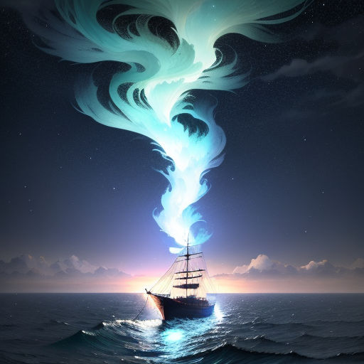 a ship with a long tail floating in the ocean at night with a sky background and stars above it, fantasy art, an airbrush painting, Cyril Rolando, fantasy artwork