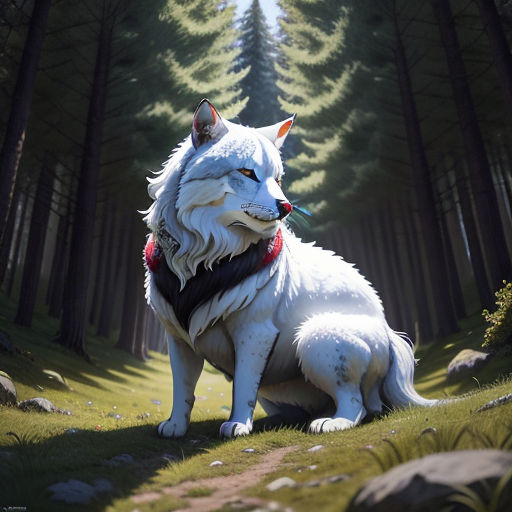 a white wolf sitting in the middle of a forest with trees in the background and a red collared shirt on, furry art, concept art, Cedric Seaut (Keos Masons), official art