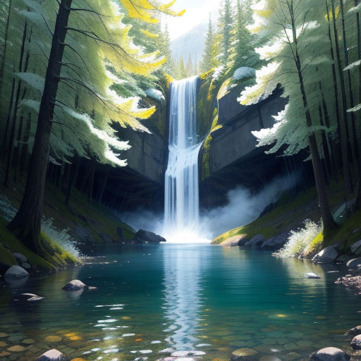 a painting of a waterfall in the woods with a stream running through it and a forest below it with rocks and trees, photorealism, a detailed matte painting, Evgeny Lushpin, cinematic matte painting