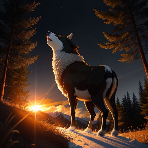 a wolf standing on a hill at night with the sun shining through the trees behind it and the moon in the sky, furry art, an airbrush painting, Cyril Rolando, rossdraws global illumination