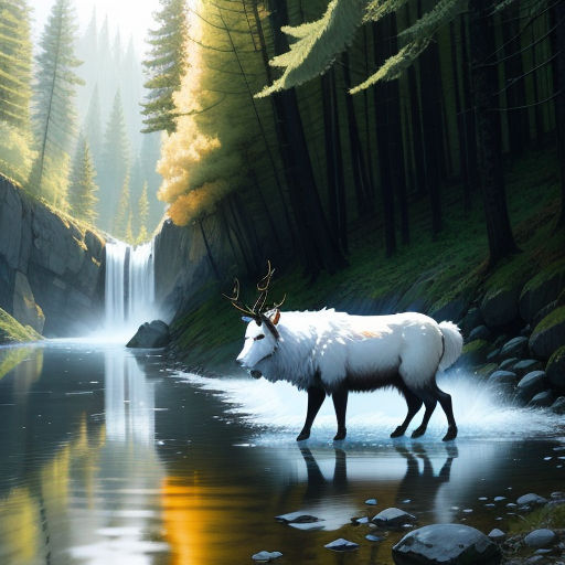 a white deer standing in a stream of water near a forest with a waterfall and trees in the background, fantasy art, an airbrush painting, Evgeny Lushpin, highly detailed digital painting