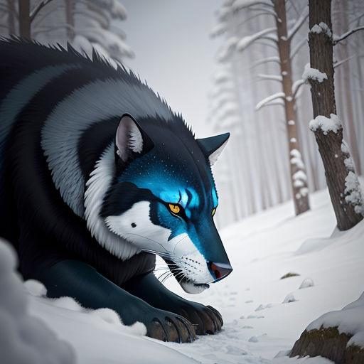 a wolf with blue eyes is walking through the snow in a forest with trees and snow covered ground,, furry art, an airbrush painting, Brom, behance hd