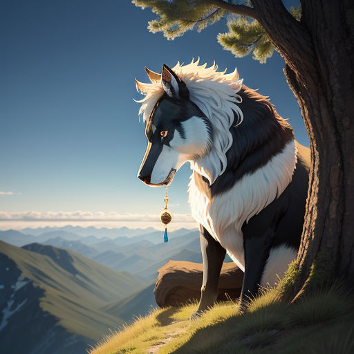 a horse is standing next to a tree on a hill with mountains in the background and a bell hanging from its ear, furry art, a character portrait, Anato Finnstark, trending on art station