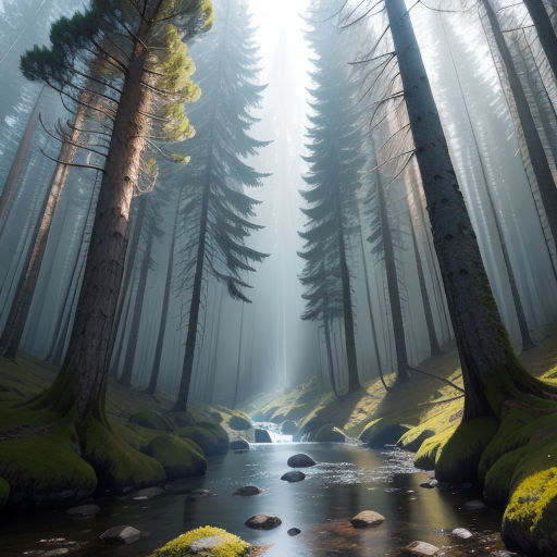 a stream running through a forest filled with trees and moss covered rocks and rocks on the ground, with a beam of sunlight coming through the trees, naturalism, a matte painting, David Martin, forest