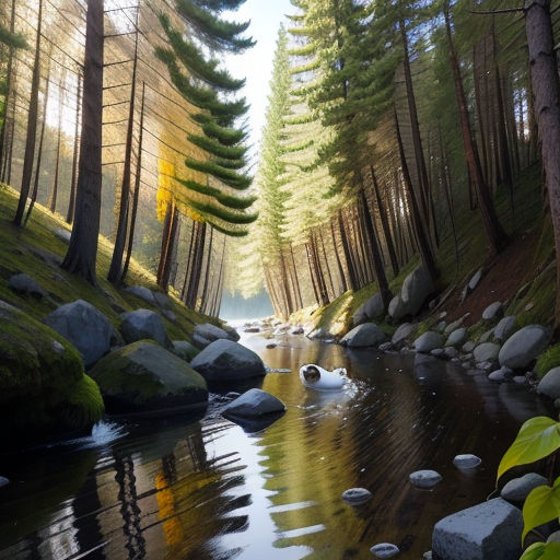 a stream running through a forest filled with lots of trees and rocks on the side of a river surrounded by tall pine trees, environmental art, a matte painting, David Martin, forest