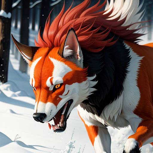 a red and white wolf running through a snowy forest area with trees in the background and snow on the ground, furry art, a detailed painting, Brom, trending on artstation hq