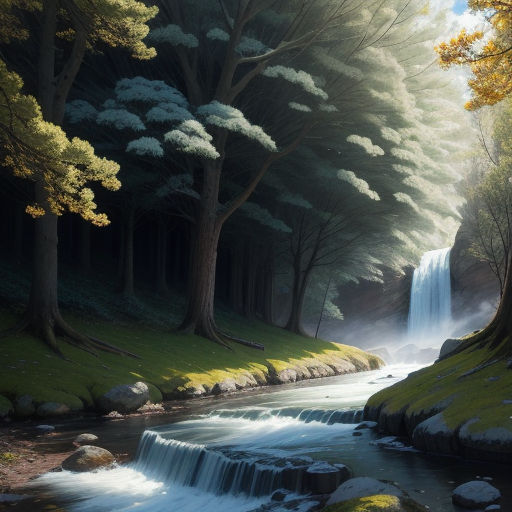 a painting of a waterfall in a forest with trees and rocks in the foreground and a stream running through the center of the picture, fantasy art, a detailed matte painting, Christophe Vacher, matte fantasy painting