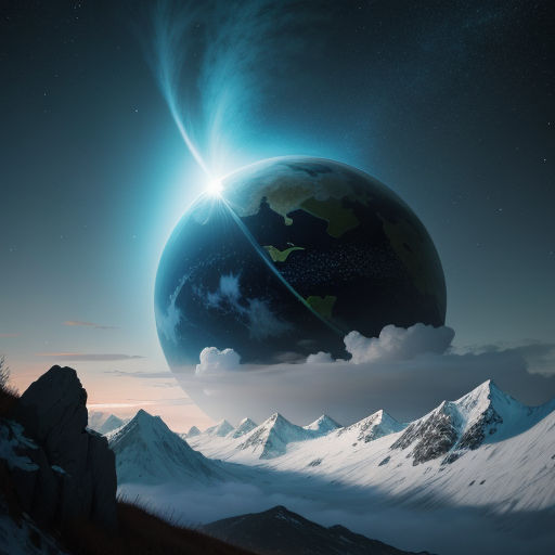 a planet with a ring around it in the sky with mountains in the background and a bright light coming from the center, space art, a matte painting, Filip Hodas, matte painting