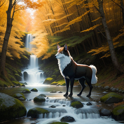 a wolf standing on a rock in front of a waterfall in the woods with a waterfall in the background, fantasy art, an airbrush painting, Cyril Rolando, ultra realistic digital art