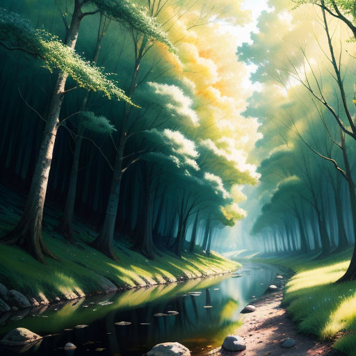 a painting of a forest with a stream running through it and trees on both sides of the riverbank, fantasy art, a detailed matte painting, Christophe Vacher, forest