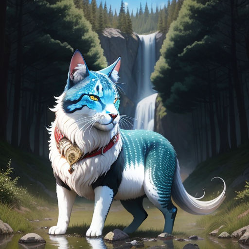 a painting of a cat standing in front of a waterfall with a waterfall in the background and a forest scene, fantasy art, a character portrait, Chris LaBrooy, official art