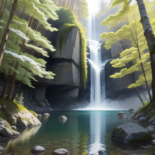 a painting of a waterfall in a forest with rocks and trees around it and a body of water in the foreground, photorealism, a detailed matte painting, Christophe Vacher, highly detailed digital painting