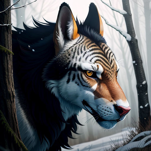 a tiger is standing in the woods with trees in the background and snow on the ground and the trees are bare, furry art, a digital painting, Android Jones, highly detailed digital painting