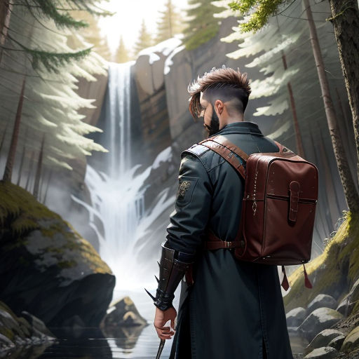 a man with a backpack and a sword in a forest looking at a waterfall and waterfall in the distance, fantasy art, concept art, Cedric Peyravernay, epic fantasy character art