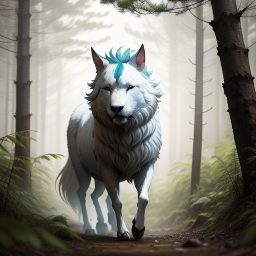 a white wolf with blue hair walking through a forest with tall trees and ferns on a foggy day, furry art, concept art, Brom, ultra realistic digital art