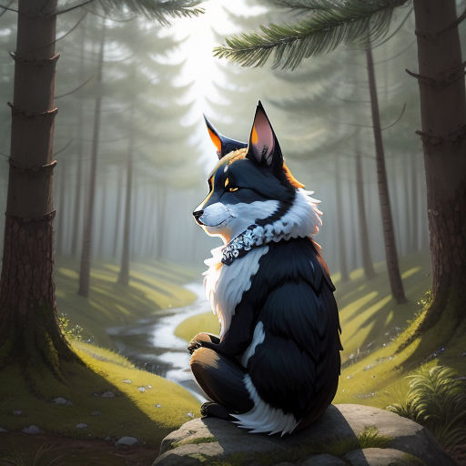 a painting of a fox sitting on a rock in a forest with a stream running through it's sides, sots art, a character portrait, Brom, official art