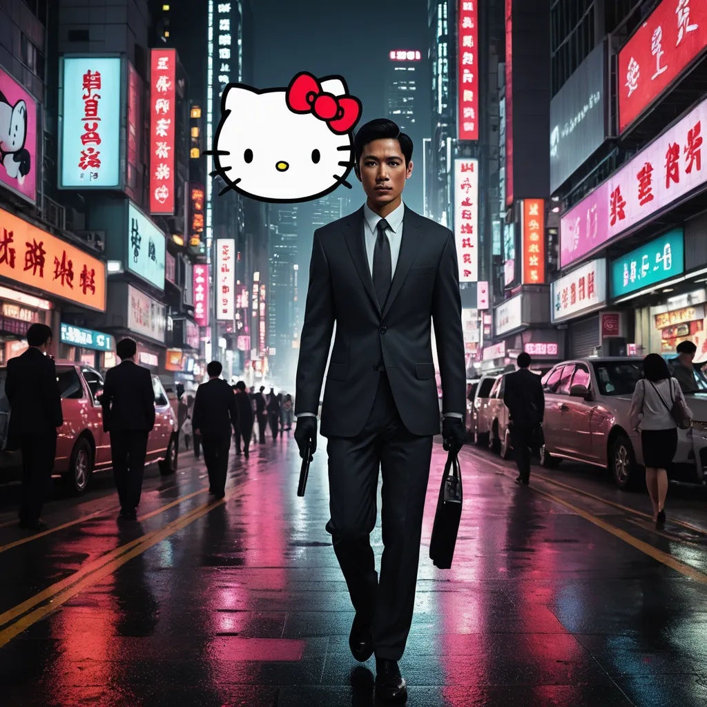 a man in a suit walking down a street in a city at night with a hello kitty on his head, international gothic, poster art, David Diao, promotional image