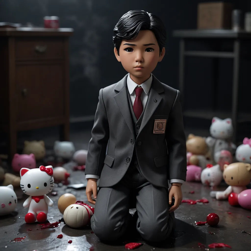 a doll is sitting on the floor with a bunch of toys around it and a hello kitty doll in the middle, shock art, a character portrait, Adam Manyoki, promotional image