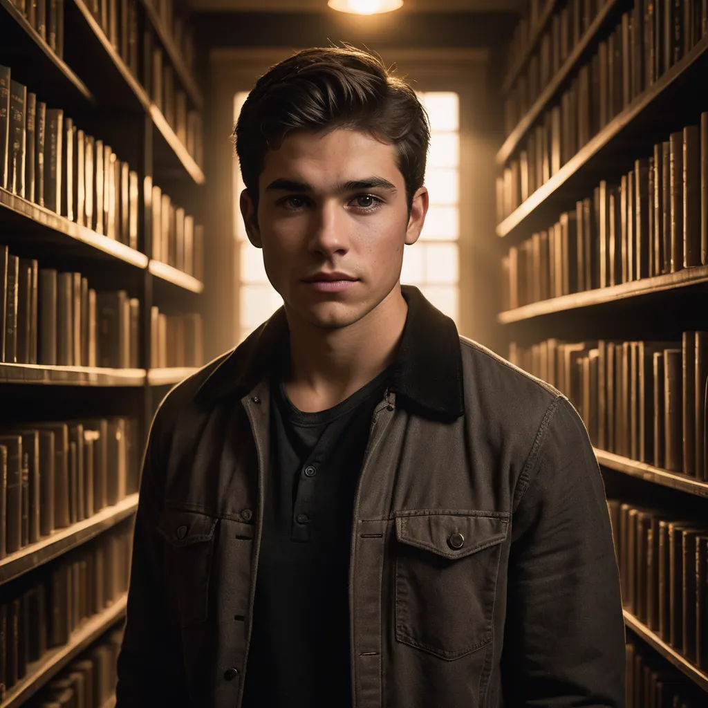 a man standing in a library with lots of books on shelves behind him and a light coming through the window, private press, a character portrait, Everett Warner, promotional image