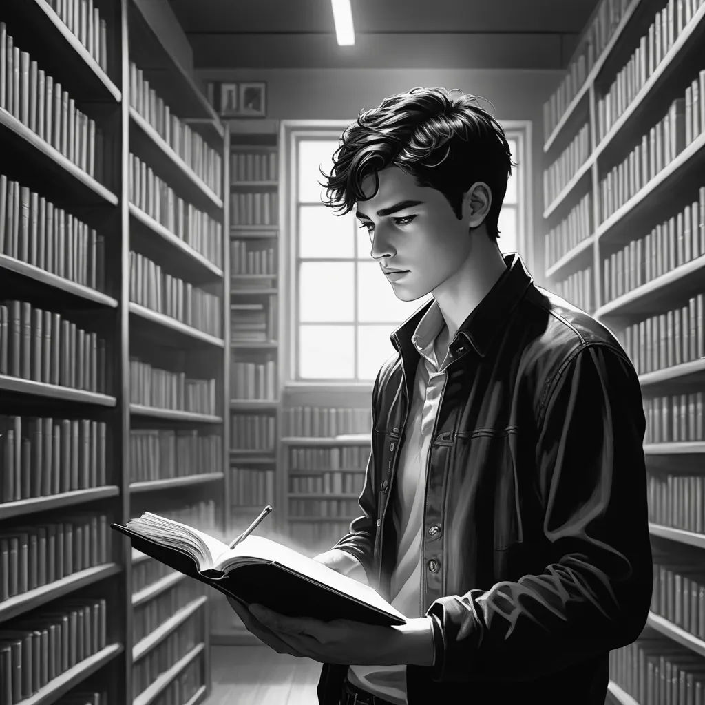 a man is reading a book in a library with bookshelves in the background and a window in the middle, academic art, a black and white photo, Cedric Seaut (Keos Masons), stanley artgerm lau
