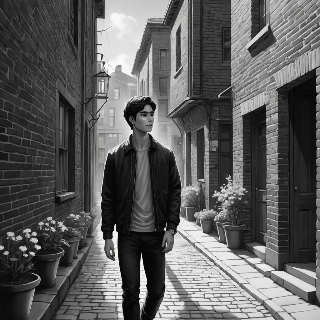 a man walking down a brick street next to a building with potted plants on the side of it, hyperrealism, a photorealistic painting, David Park, adobe photoshop