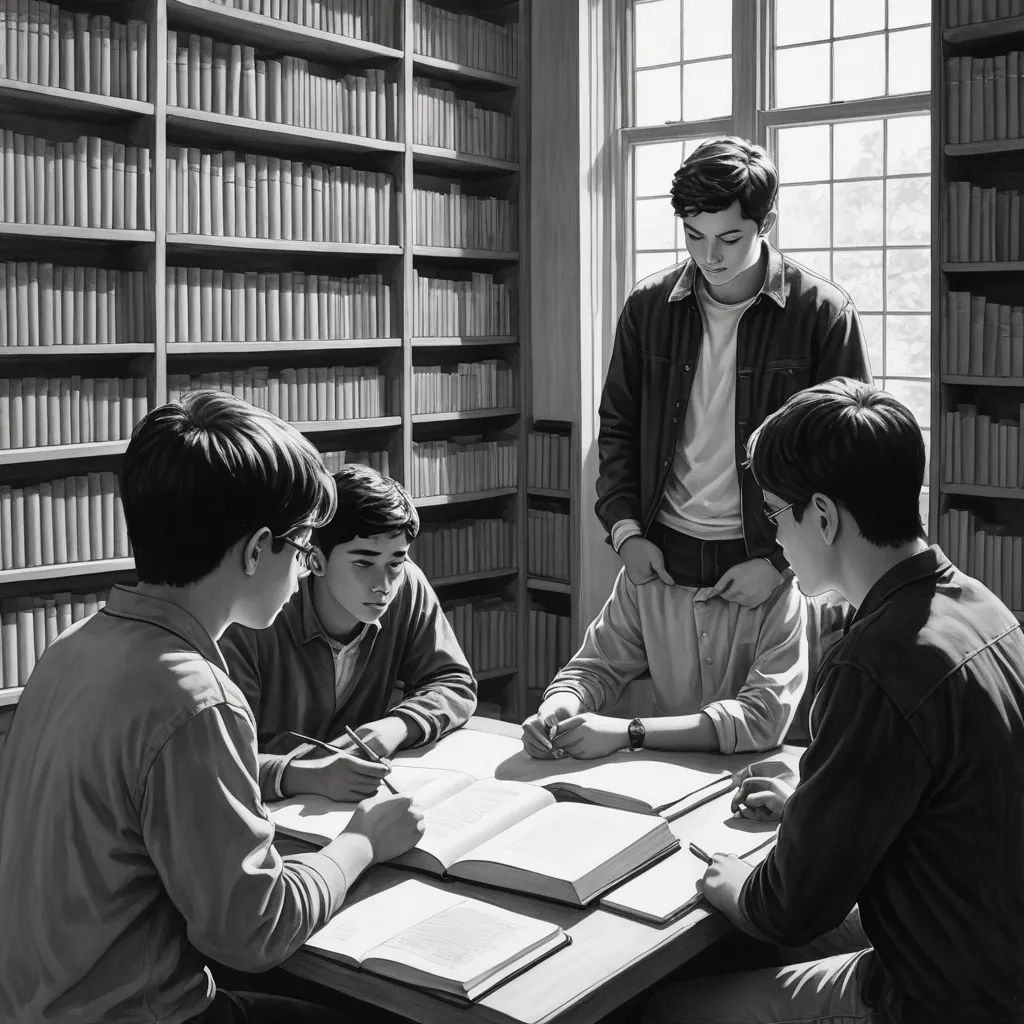 a group of young men sitting around a table in a library reading books and writing on paper with a pencil, academic art, an ultrafine detailed painting, Colin Middleton, movie still