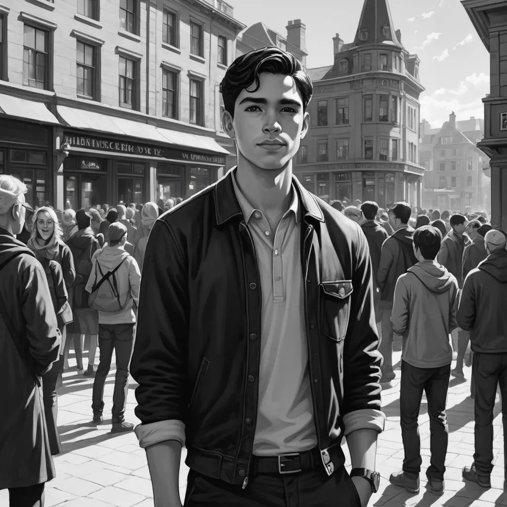 a man standing in front of a crowd of people on a street with buildings in the background and a clock tower, hyperrealism, a black and white photo, Cedric Seaut (Keos Masons), ultra realistic illustration