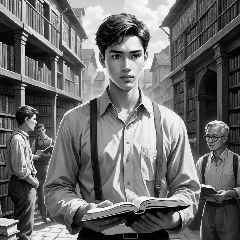 a man standing in a library holding a book in his hands and a man standing next to him holding a book, harlem renaissance, a manga drawing, Du Jin, stanley artgerm lau
