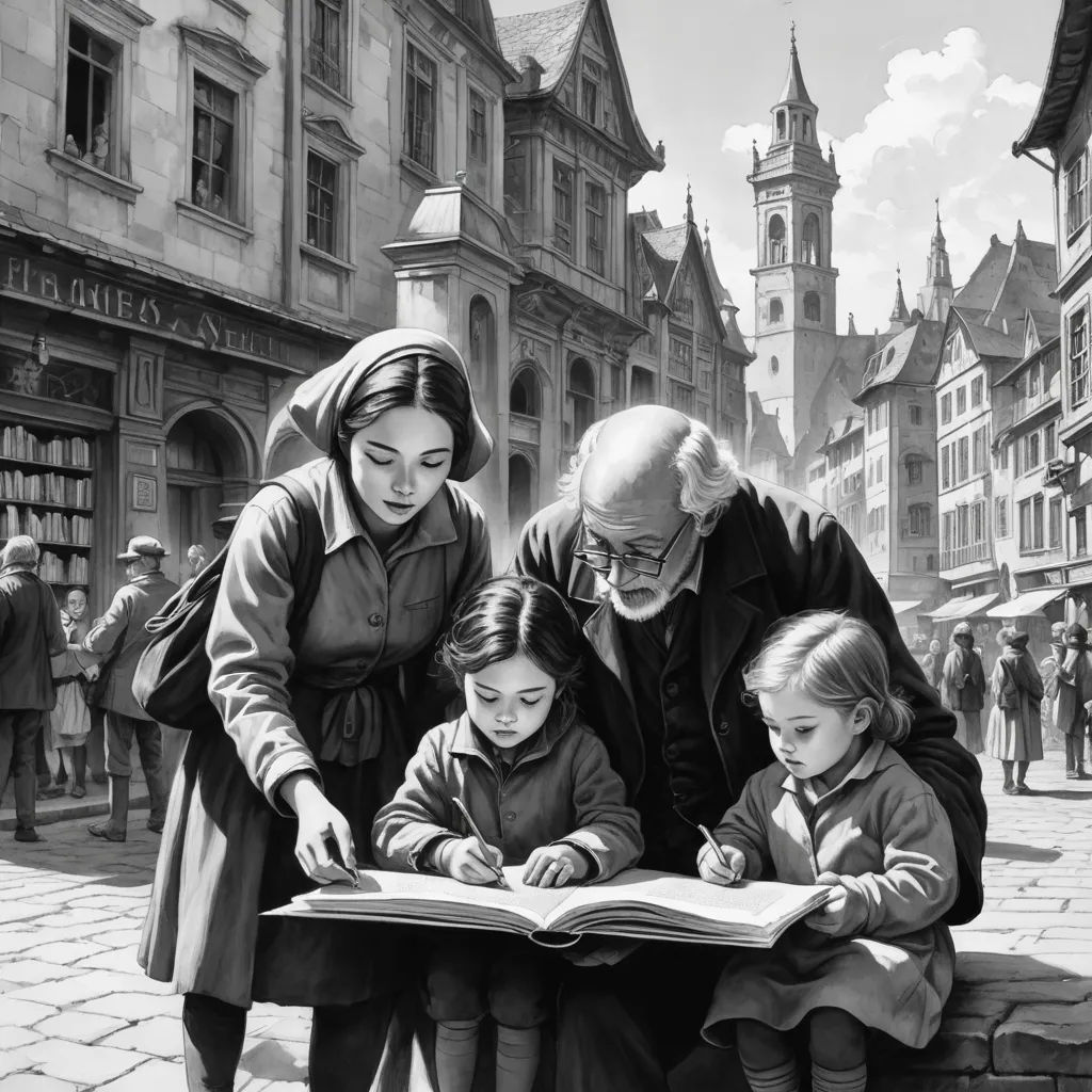 a woman and two children are looking at a book while another child is writing on a book while another child looks on, magical realism, a storybook illustration, Edward Sorel, storybook illustration
