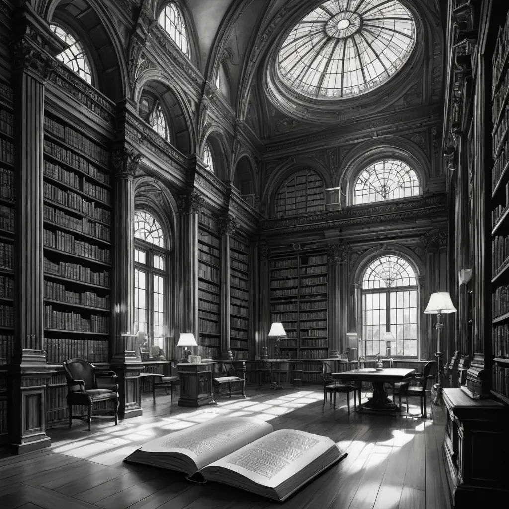 a large room with a lot of books on the floor and a table with chairs in it and a ceiling with a dome, modern european ink painting, a matte painting, Christopher Wren, matte drawing