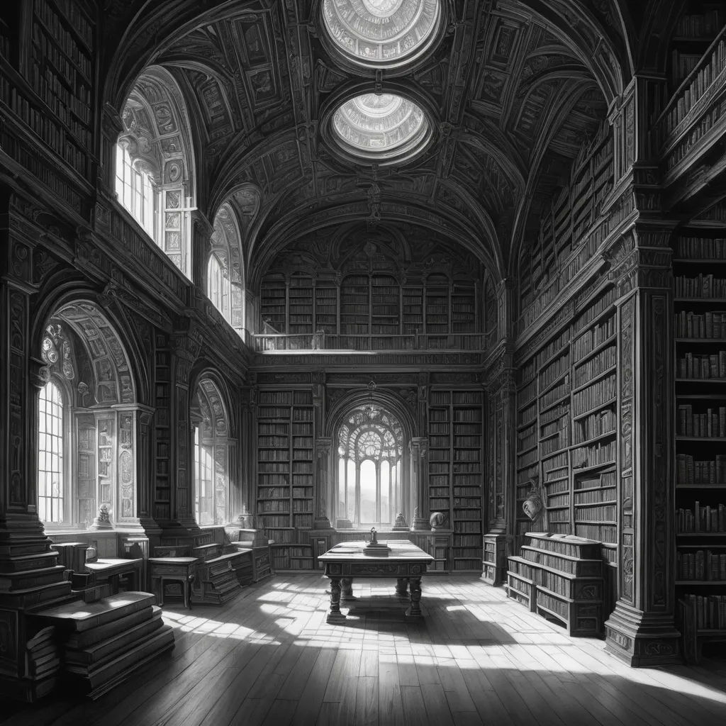a large room with a lot of books on the walls and a table in the middle of the room, gothic art, a detailed matte painting, David Martin, matte drawing