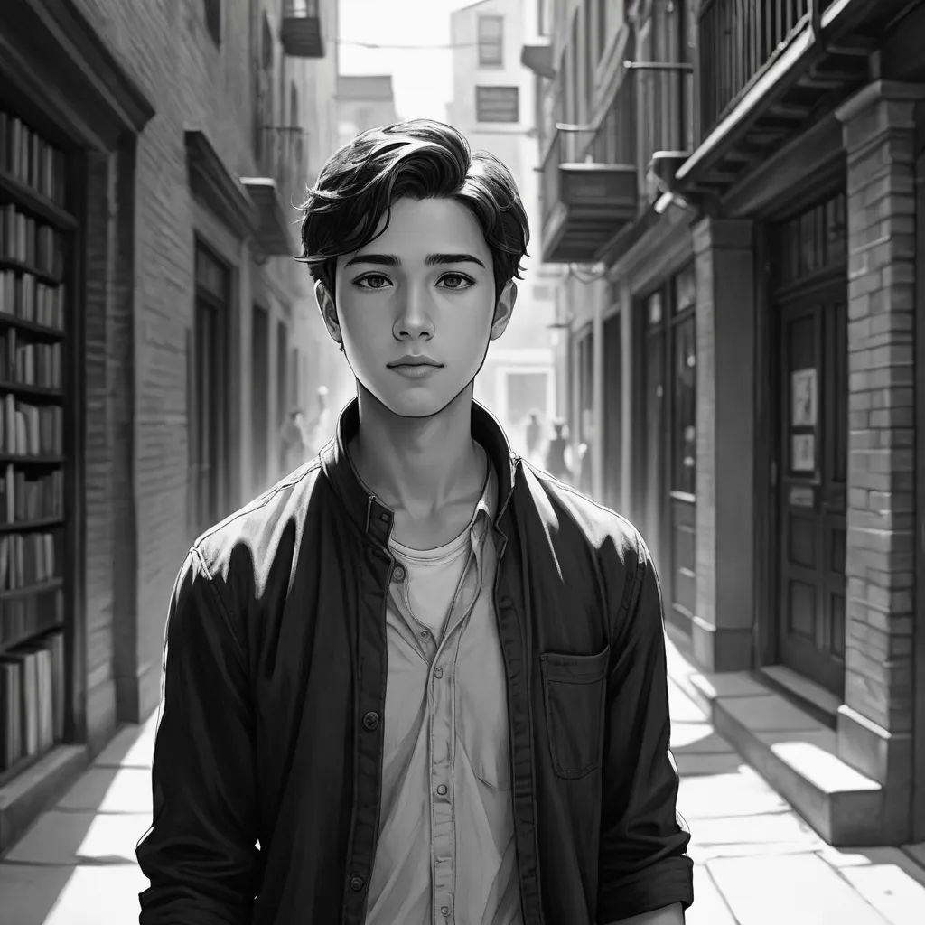 a man standing in a narrow alley way with a book case in the background and a book case in the foreground, photorealism, a manga drawing, Du Jin, rossdraws global illumination