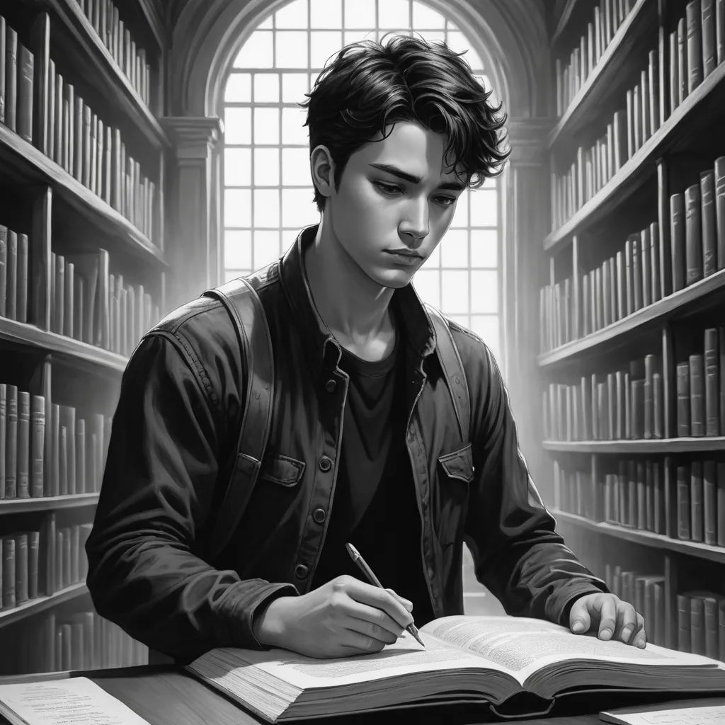 a man sitting at a desk in a library writing on a book and holding a pen in his hand, sots art, a character portrait, Cedric Seaut (Keos Masons), kai carpenter