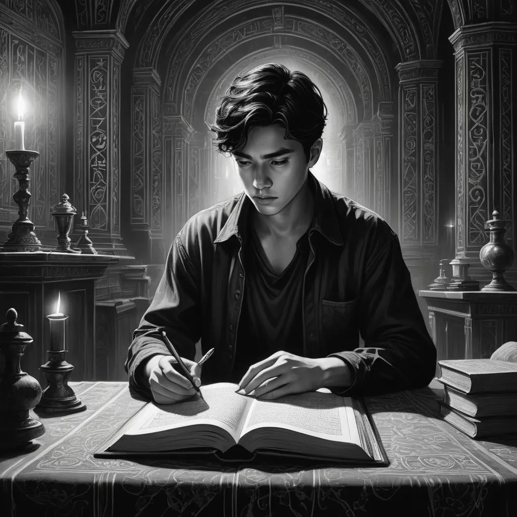 a man sitting at a table with a book and pen in his hand and a candle in the background, fantasy art, an ultrafine detailed painting, Bastien L. Deharme, stanley artgerm lau